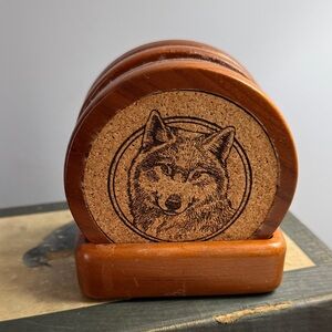 Wooden Coaster Set with Wolf Design
